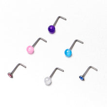 Load image into Gallery viewer, 20G 1/4 Pink Gem Purple Pink Faux Opal Pack L Shape Nose Ring Set of 6
