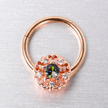 Load image into Gallery viewer, 16G 3/8 Vitrail Gem Rose Gold Hue Flower Hinged Segment Ring
