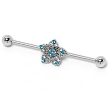 Load image into Gallery viewer, 14G Blue Clear Gem Opulent Flower Industrial Barbell 38mm
