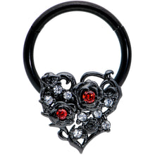 Load image into Gallery viewer, 16G 3/8 Clear Red CZ Gem Black Heart Floral Hinged Segment Ring
