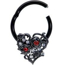 Load image into Gallery viewer, 16G 3/8 Clear Red CZ Gem Black Heart Floral Hinged Segment Ring
