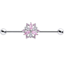 Load image into Gallery viewer, 14G Pink Clear CZ Gem Snowflake Style Industrial Barbell 38mm
