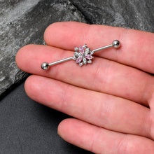Load image into Gallery viewer, 14G Pink Clear CZ Gem Snowflake Style Industrial Barbell 38mm
