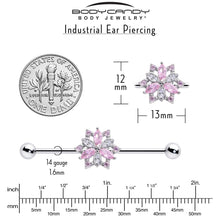 Load image into Gallery viewer, 14G Pink Clear CZ Gem Snowflake Style Industrial Barbell 38mm
