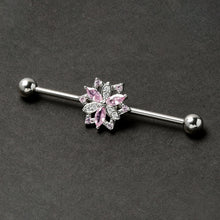 Load image into Gallery viewer, 14G Pink Clear CZ Gem Snowflake Style Industrial Barbell 38mm
