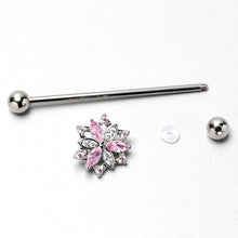 Load image into Gallery viewer, 14G Pink Clear CZ Gem Snowflake Style Industrial Barbell 38mm
