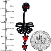 Load image into Gallery viewer, Red CZ Gem Black Skeleton Hearts Gothic Dangle Belly Ring
