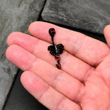 Load image into Gallery viewer, Red CZ Gem Black Skeleton Hearts Gothic Dangle Belly Ring
