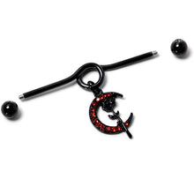 Load image into Gallery viewer, 14G Red CZ Gem Black Moon Rose Flower Dangle Project Bar 38mm
