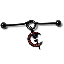 Load image into Gallery viewer, 14G Red CZ Gem Black Moon Rose Flower Dangle Project Bar 38mm
