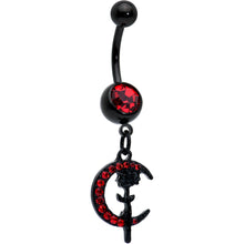 Load image into Gallery viewer, Red CZ Gem Black Moon Rose Flower Gothic Dangle Belly Ring
