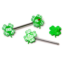 Load image into Gallery viewer, 14G 9/16 Kiss Me Shamrock St Patricks Barbell Nipple Ring Set
