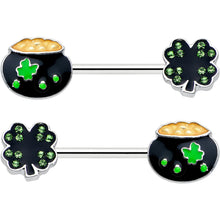Load image into Gallery viewer, 14G 9/16 Green Gem Shamrock Pot of Gold Barbell Nipple Ring Set
