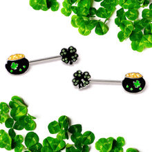 Load image into Gallery viewer, 14G 9/16 Green Gem Shamrock Pot of Gold Barbell Nipple Ring Set
