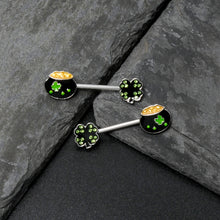 Load image into Gallery viewer, 14G 9/16 Green Gem Shamrock Pot of Gold Barbell Nipple Ring Set
