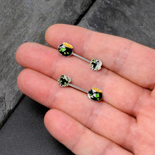 Load image into Gallery viewer, 14G 9/16 Green Gem Shamrock Pot of Gold Barbell Nipple Ring Set
