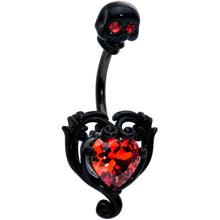 Load image into Gallery viewer, Red CZ Gem Black Passion Heart Skull Double Mount Belly Ring
