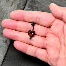 Load image into Gallery viewer, Red CZ Gem Black Passion Heart Skull Double Mount Belly Ring
