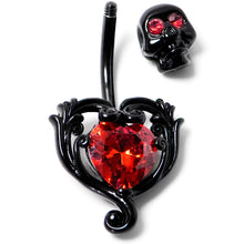 Load image into Gallery viewer, Red CZ Gem Black Passion Heart Skull Double Mount Belly Ring
