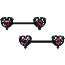 Load image into Gallery viewer, 14G 9/16 Red CZ Gem Black Passion Heart Barbell Nipple Ring Set
