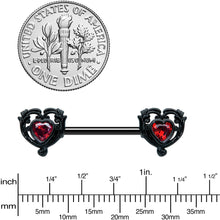 Load image into Gallery viewer, 14G 9/16 Red CZ Gem Black Passion Heart Barbell Nipple Ring Set

