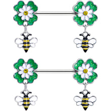 Load image into Gallery viewer, 14G 9/16 Yellow Gem Daisy Bee Glittery Barbell Nipple Ring Set
