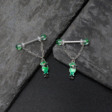 Load image into Gallery viewer, 14G 9/16 Fancy Leprechaun St Patricks Chain Dangle Nipple Ring Set
