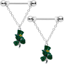 Load image into Gallery viewer, 14G 9/16 Green Gem Top Hat Shamrock Chain Dangle Nipple Ring Set
