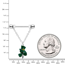 Load image into Gallery viewer, 14G 9/16 Green Gem Top Hat Shamrock Chain Dangle Nipple Ring Set
