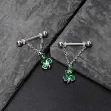 Load image into Gallery viewer, 14G 9/16 Green Gem Top Hat Shamrock Chain Dangle Nipple Ring Set

