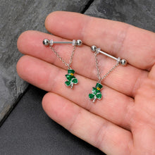 Load image into Gallery viewer, 14G 9/16 Green Gem Top Hat Shamrock Chain Dangle Nipple Ring Set
