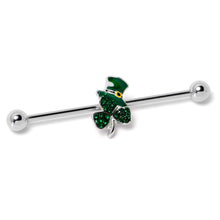 Load image into Gallery viewer, 14G Green Gem Top Hat Shamrock St Patricks Industrial Barbell 38mm
