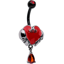 Load image into Gallery viewer, Red CZ Gem Black Double Skull Heart Dangle Belly Ring
