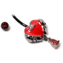 Load image into Gallery viewer, Red CZ Gem Black Double Skull Heart Dangle Belly Ring
