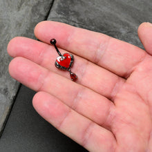 Load image into Gallery viewer, Red CZ Gem Black Double Skull Heart Dangle Belly Ring
