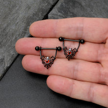 Load image into Gallery viewer, 14G 11/16 Red Gem Black Gothic Bat Heart Nipple Shield Set
