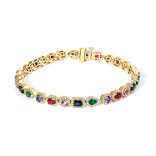 Load image into Gallery viewer, 14K Yellow Gold Multi-Gemstone  and Diamond Halo Rainbow Tennis Bracelet
