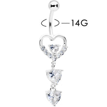 Load image into Gallery viewer, Clear CZ Gem Opulent Heart Quartet Dangle Belly Ring
