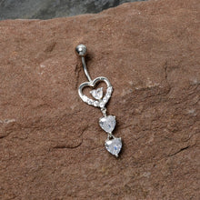 Load image into Gallery viewer, Clear CZ Gem Opulent Heart Quartet Dangle Belly Ring
