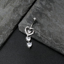 Load image into Gallery viewer, Clear CZ Gem Opulent Heart Quartet Dangle Belly Ring
