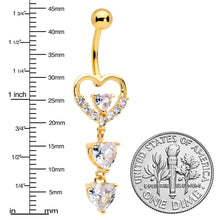 Load image into Gallery viewer, Clear CZ Gem Gold Tone Opulent Heart Quartet Dangle Belly Ring

