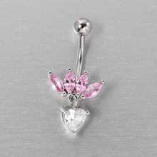 Load image into Gallery viewer, Clear Pink CZ Gem Crown And Heart Dangle Belly Ring
