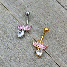 Load image into Gallery viewer, Clear Pink CZ Gem Crown And Heart Dangle Belly Ring
