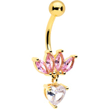 Load image into Gallery viewer, Clear Pink CZ Gem Gold Tone Crown And Heart Dangle Belly Ring
