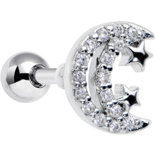 Load image into Gallery viewer, 16G 1/4 Clear CZ Gem Starry Crescent Moon Cartilage Tragus Earring
