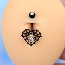 Load image into Gallery viewer, Clear Gem Black Golden Spider Web Heart Belly Ring
