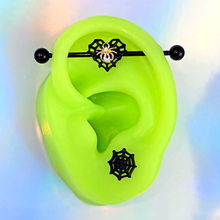 Load image into Gallery viewer, 14G Clear Gem Black Golden Spider Web Heart Industrial Barbell 38mm
