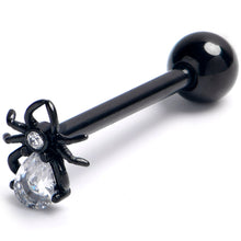 Load image into Gallery viewer, Clear Gem Black Sharp Looking Spider Barbell Tongue Ring
