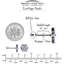 Load image into Gallery viewer, 16G 1/4 Aurora CZ Gem Snowflake Style Cartilage Tragus Earring
