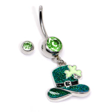 Load image into Gallery viewer, Green Gem Glitter Top Hat Shamrock St Patricks Day Dangle Belly Ring
